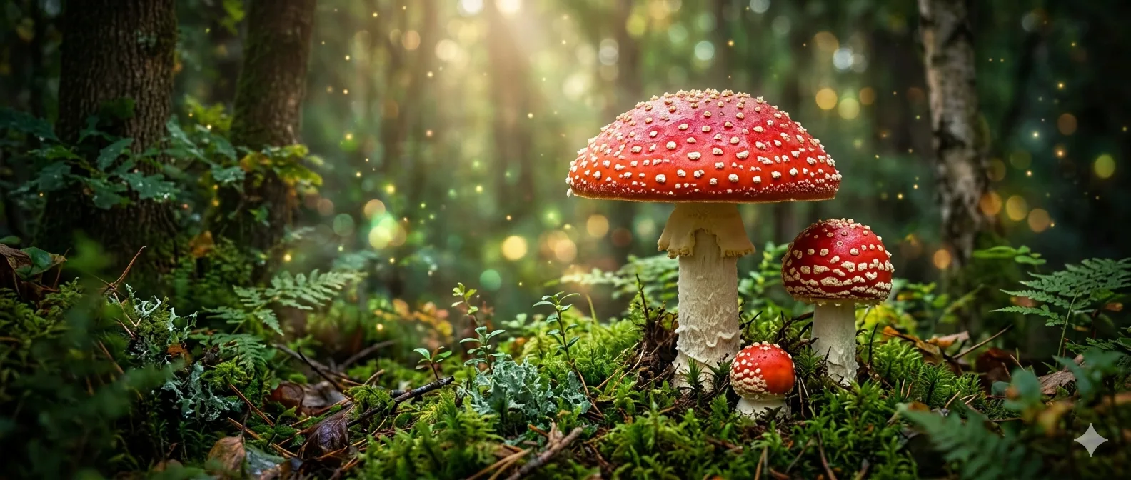 Сказочный лес с красными мухоморами — Mia Amanita